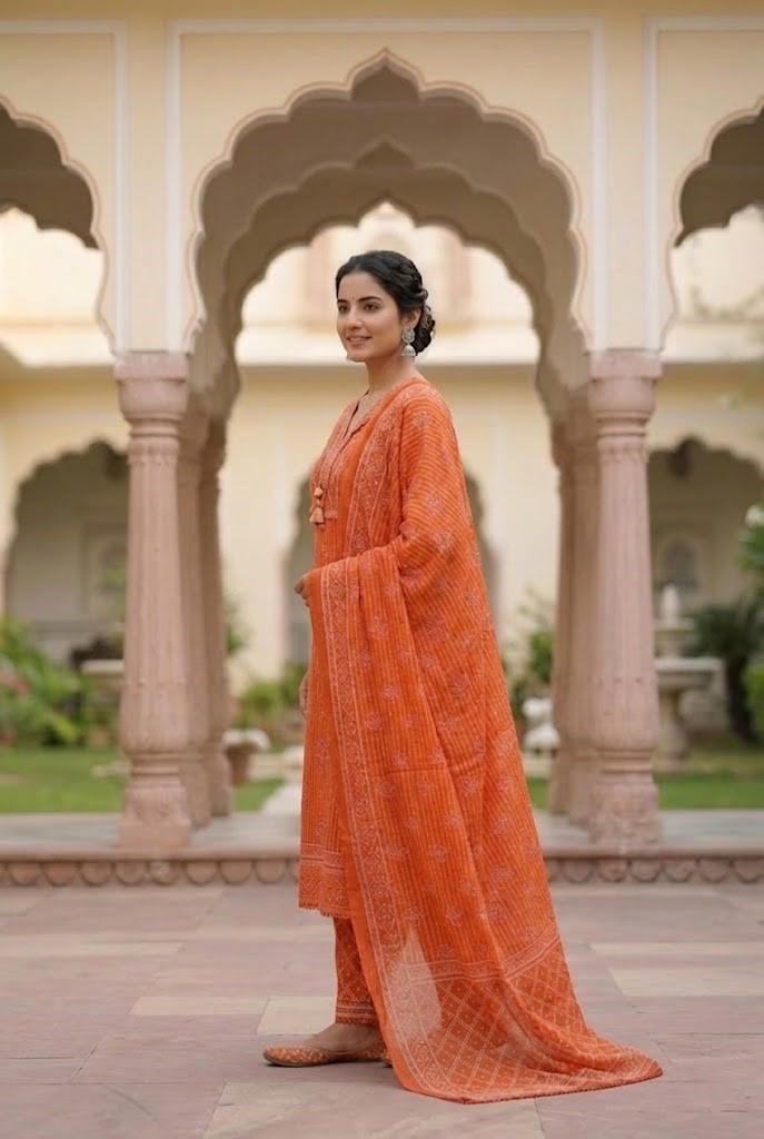 Women Rust Orange Printed Straight Kurta Pant And Dupatta Manufacturer Wholesale in Jaipur