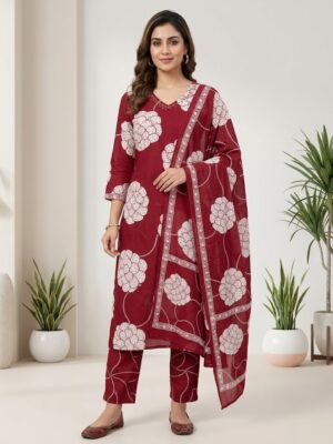 Women's Maroon Floral Block Printed Straight Kurta Pant with Dupatta Manufacturer Wholesale in Jaipur