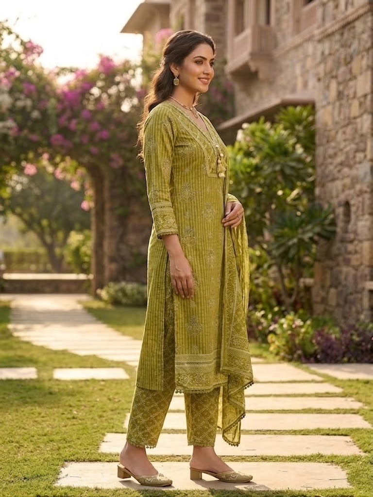 Women Parrot Green Printed Straight Kurta Pant And Dupatta Manufacturer Wholesale in Jaipur