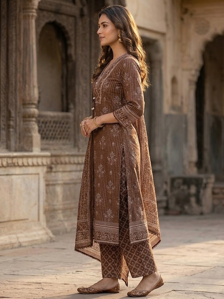 Women Chocolate Brown Printed Straight Kurta Pant And Dupatta Manufacturer Wholesale in Jaipur
