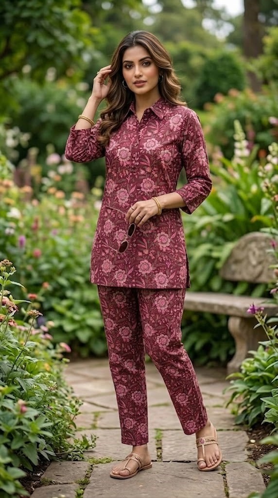 Women's Wine Floral Printed Cotton Short Kurti & Pants Co-ord Set with Shirt Collar Manufacturer Wholesale in Jaipur