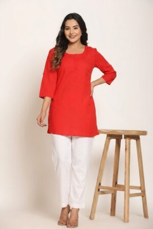 Women's Solid Red Cotton Flex Short Kurti Manufacturer Wholesale in Jaipur