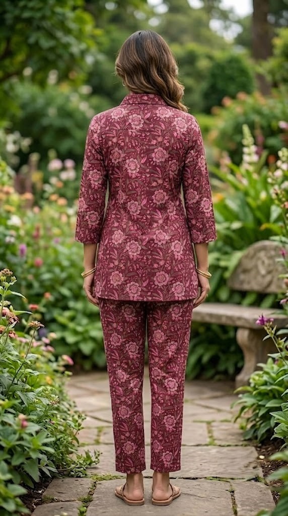 Women's Wine Floral Printed Cotton Short Kurti & Pants Co-ord Set with Shirt Collar Manufacturer Wholesale in Jaipur