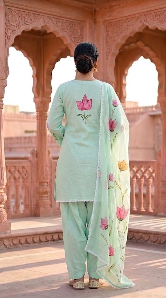 Women's Light Aqua Hand-Brush Painted Floral Mulmul Cotton Farsi Salwar Suit Set with Lining Manufacturer Wholesale in Jaipur