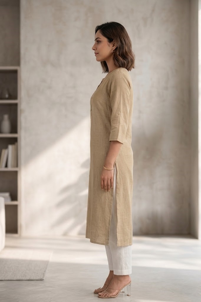 Women's Pure Cotton Flex Solid Skine Khakhi Straight Long Kurta for Women | Everyday Office & Casual Wear Manufacturer Wholesale in Jaipur