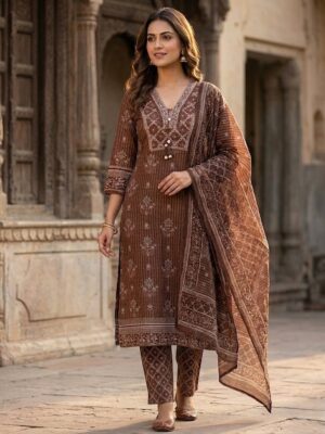 Women Chocolate Brown Printed Straight Kurta Pant And Dupatta Manufacturer Wholesale in Jaipur