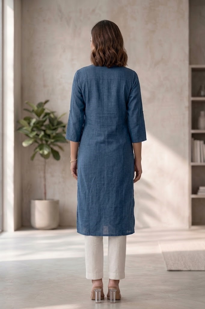 Women's Pure Cotton Flex Solid Denim Blue Straight Long Kurta for Women | Everyday Office & Casual Wear Manufacturer Wholesale in Jaipur