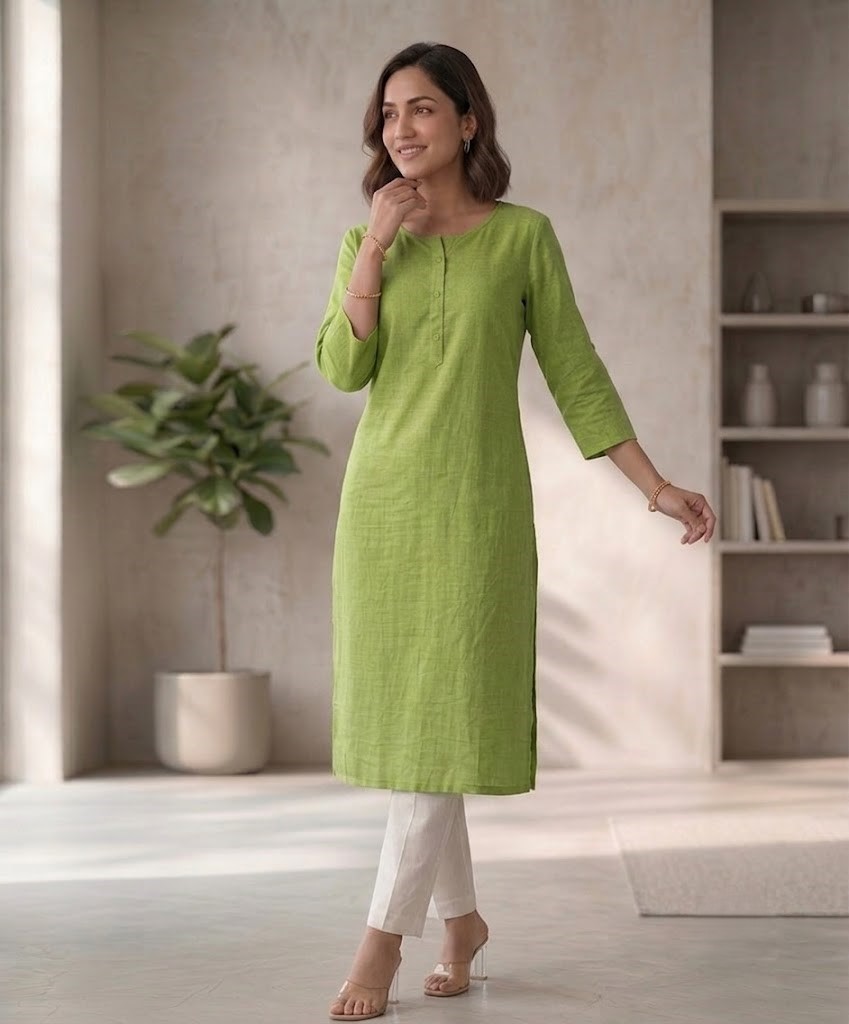 Women's Pure Cotton Flex Solid Pista Green Straight Long Kurta for Women | Everyday Office & Casual Wear Manufacturer Wholesale in Jaipur