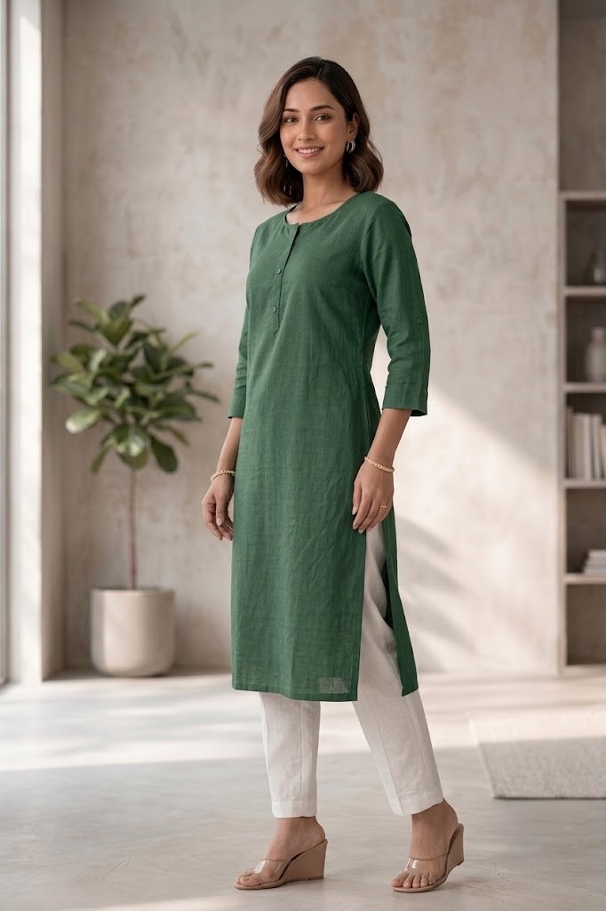 Women's Bottle Green Solid Cotton Flex Straight Long Kurta Manufacturer Wholesale in Jaipur
