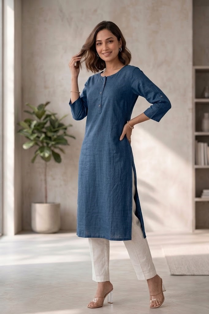 Women's Pure Cotton Flex Solid Denim Blue Straight Long Kurta for Women | Everyday Office & Casual Wear Manufacturer Wholesale in Jaipur
