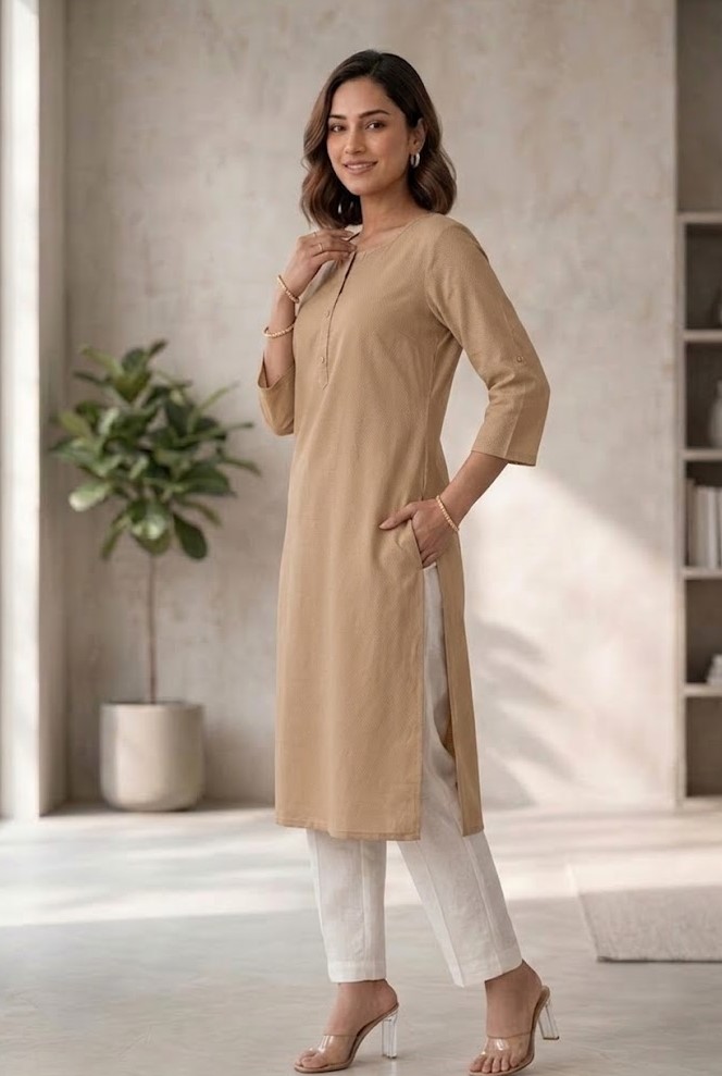 Women's Pure Cotton Flex Solid Sand Khakhi Straight Long Kurta for Women | Everyday Office & Casual Wear Manufacturer Wholesale in Jaipur