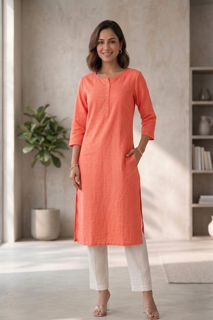 Women's Pure Cotton Flex Solid Peach Straight Long Kurta for Women | Everyday Office & Casual Wear Manufacturer Wholesale in Jaipur