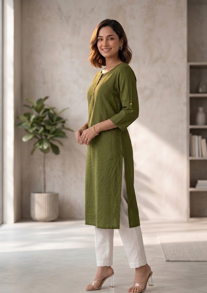Women's Pure Cotton Flex Solid Mehandi Green Straight Long Kurta for Women | Everyday Office & Casual Wear Manufacturer Wholesale in Jaipur