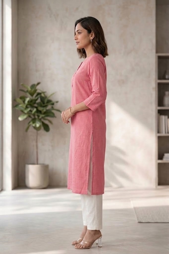 Women's Pure Cotton Flex Solid Flamingo Pink Straight Long Kurta for Women | Everyday Office & Casual Wear Manufacturer Wholesale in Jaipur