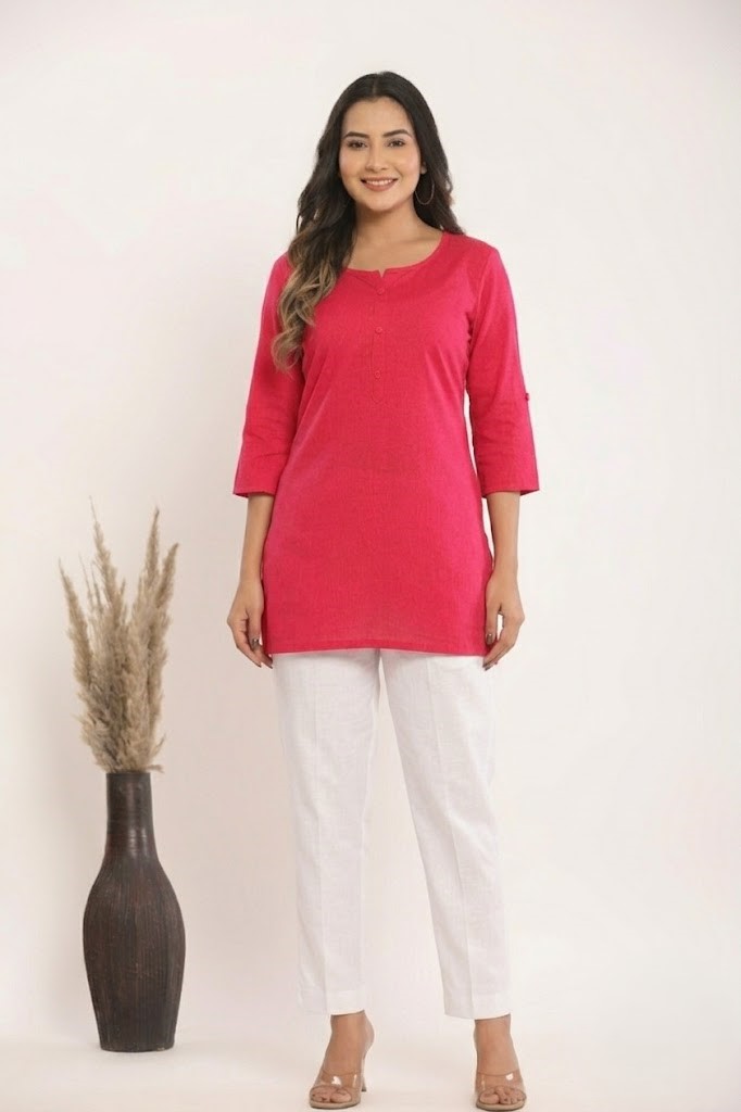 Women's Solid Rani Pink Cotton Flex Short Kurti Manufacturer Wholesale in Jaipur