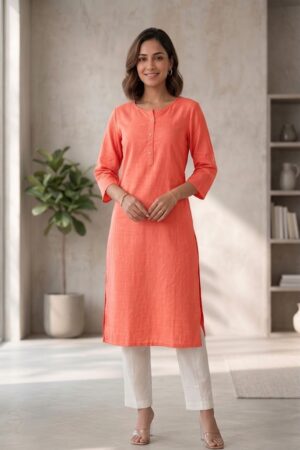 Women's Pure Cotton Flex Solid Peach Straight Long Kurta for Women | Everyday Office & Casual Wear Manufacturer Wholesale in Jaipur