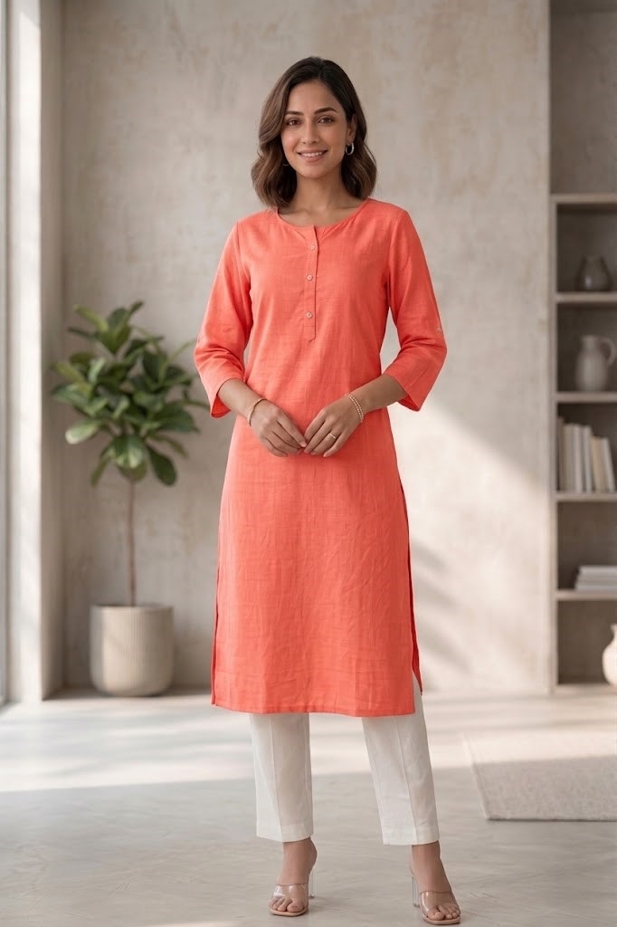 Women's Pure Cotton Flex Solid Peach Straight Long Kurta for Women | Everyday Office & Casual Wear Manufacturer Wholesale in Jaipur