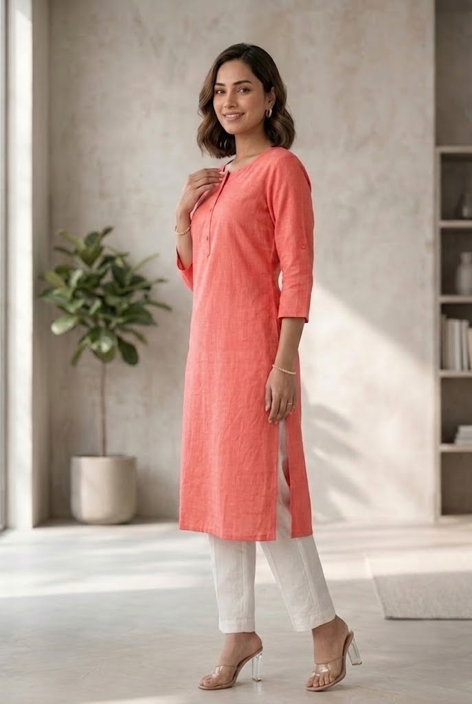 Women's Pure Cotton Flex Solid Coral Pink Straight Long Kurta for Women | Everyday Office & Casual Wear Manufacturer Wholesale in Jaipur