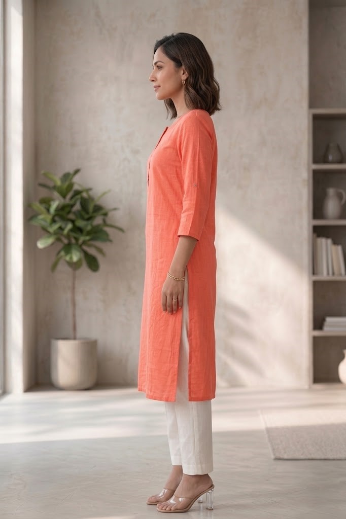 Women's Pure Cotton Flex Solid Peach Straight Long Kurta for Women | Everyday Office & Casual Wear Manufacturer Wholesale in Jaipur