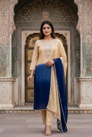 Women Beige & Royal Blue Ombre Shaded Cotton Heavy Embroidered Straight Kurta Pant And Dupatta Set Manufacturer Wholesale in Jaipur
