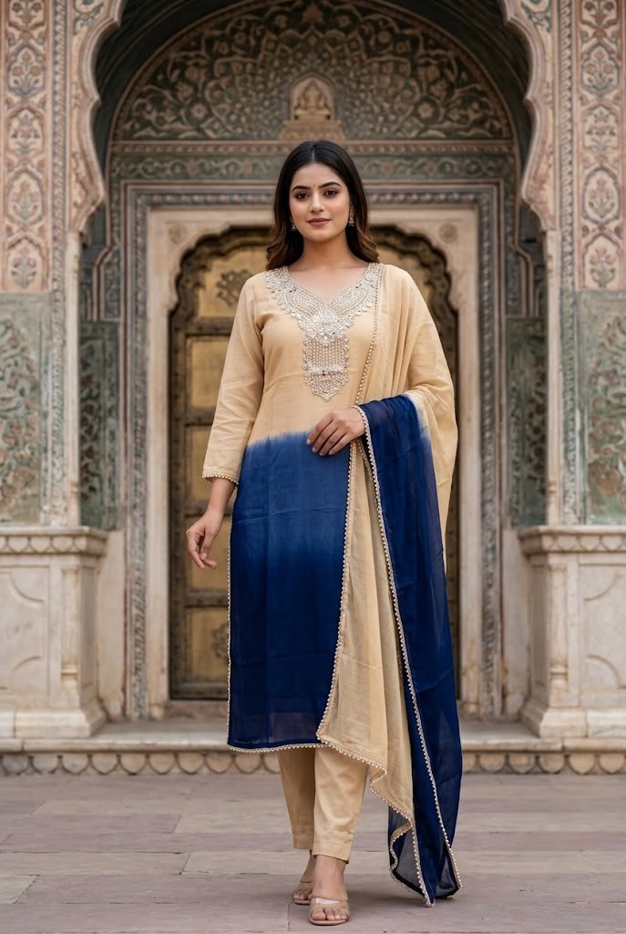 Women Beige & Royal Blue Ombre Shaded Cotton Heavy Embroidered Straight Kurta Pant And Dupatta Set Manufacturer Wholesale in Jaipur