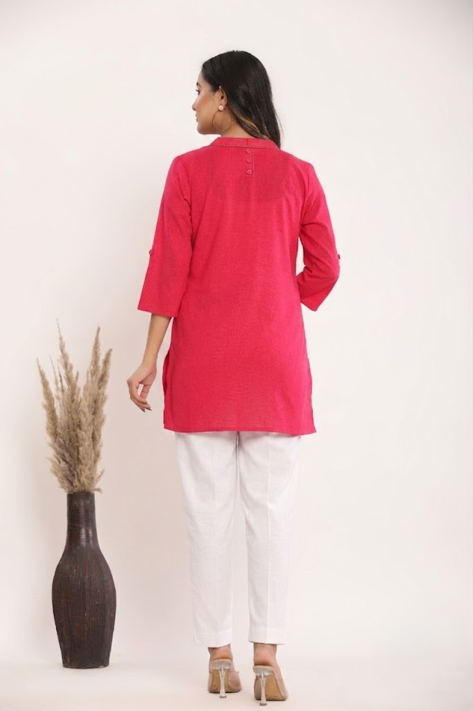 Women's Solid Rani Pink Cotton Flex Short Kurti Manufacturer Wholesale in Jaipur