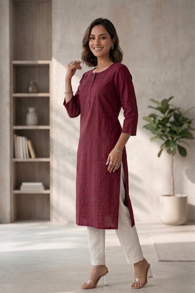 Women's Pure Cotton Flex Solid Wine Straight Long Kurta for Women | Everyday Office & Casual Wear Manufacturer Wholesale in Jaipur