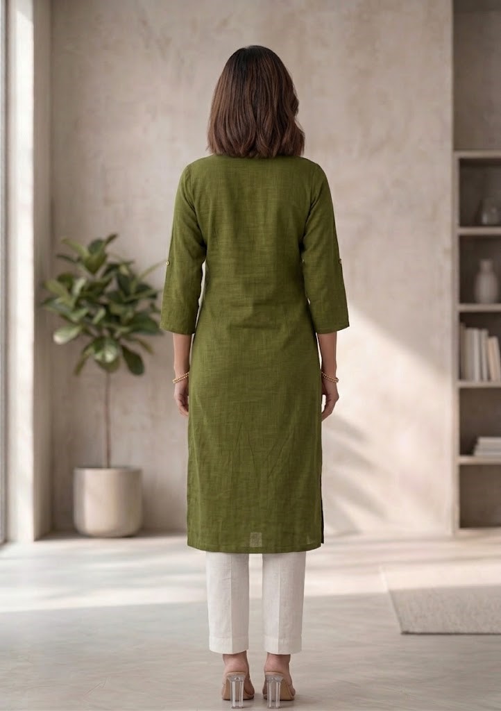 Women's Pure Cotton Flex Solid Mehandi Green Straight Long Kurta for Women | Everyday Office & Casual Wear Manufacturer Wholesale in Jaipur