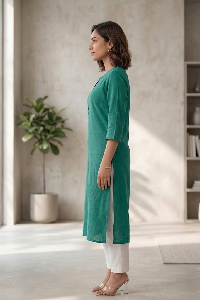 Women's Pure Cotton Flex Solid Rama Green Straight Long Kurta for Women | Everyday Office & Casual Wear Manufacturer Wholesale in Jaipur