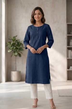 Women's Pure Cotton Flex Solid Navy Blue Straight Long Kurta for Women | Everyday Office & Casual Wear Manufacturer Wholesale in Jaipur