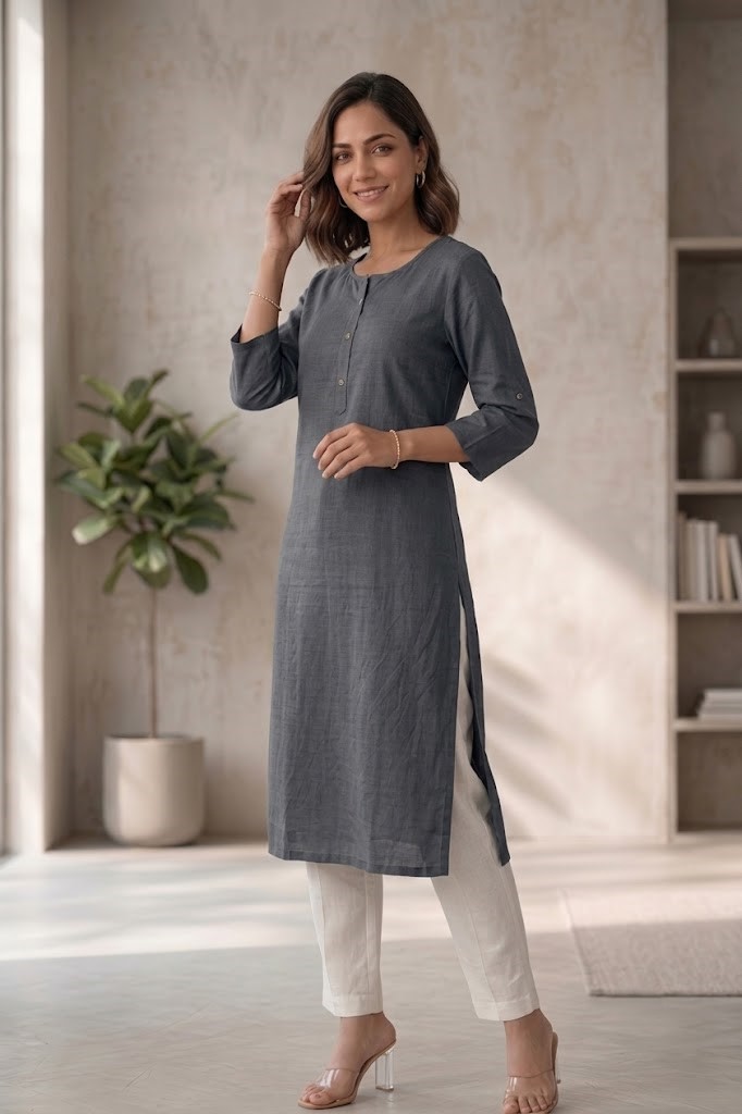 Women's Pure Cotton Flex Solid Smoke Grey Straight Long Kurta for Women | Everyday Office & Casual Wear Manufacturer Wholesale in Jaipur