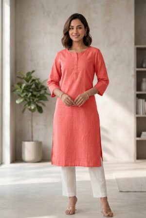 Women's Pure Cotton Flex Solid Coral Pink Straight Long Kurta for Women | Everyday Office & Casual Wear Manufacturer Wholesale in Jaipur