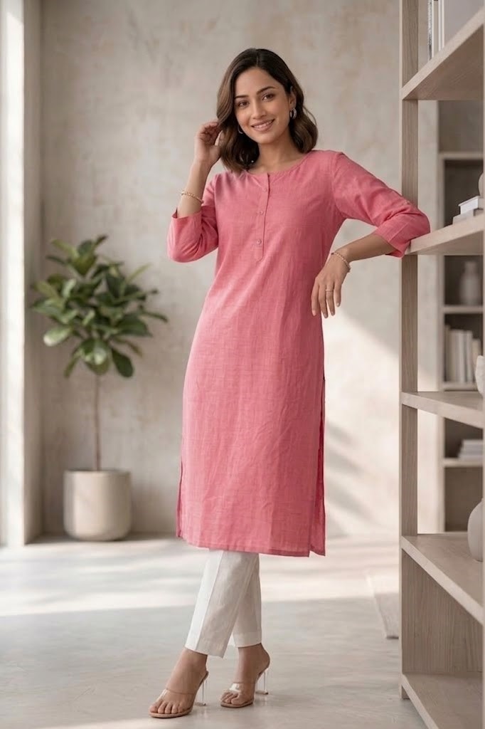 Women's Pure Cotton Flex Solid Flamingo Pink Straight Long Kurta for Women | Everyday Office & Casual Wear Manufacturer Wholesale in Jaipur