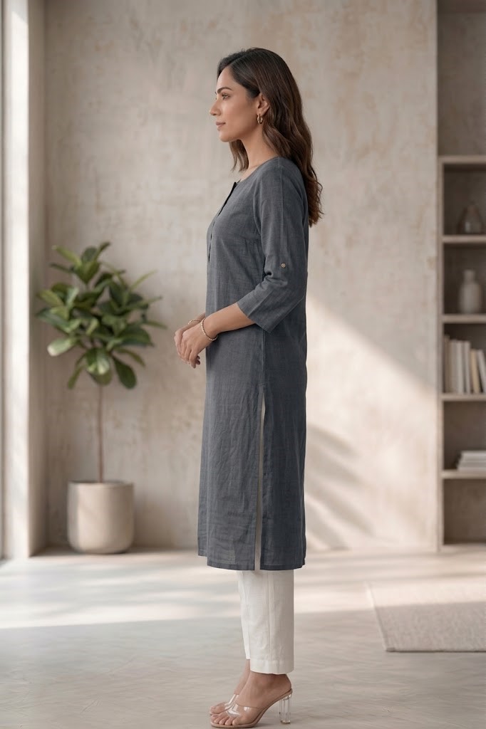 Women's Pure Cotton Flex Solid Smoke Grey Straight Long Kurta for Women | Everyday Office & Casual Wear Manufacturer Wholesale in Jaipur