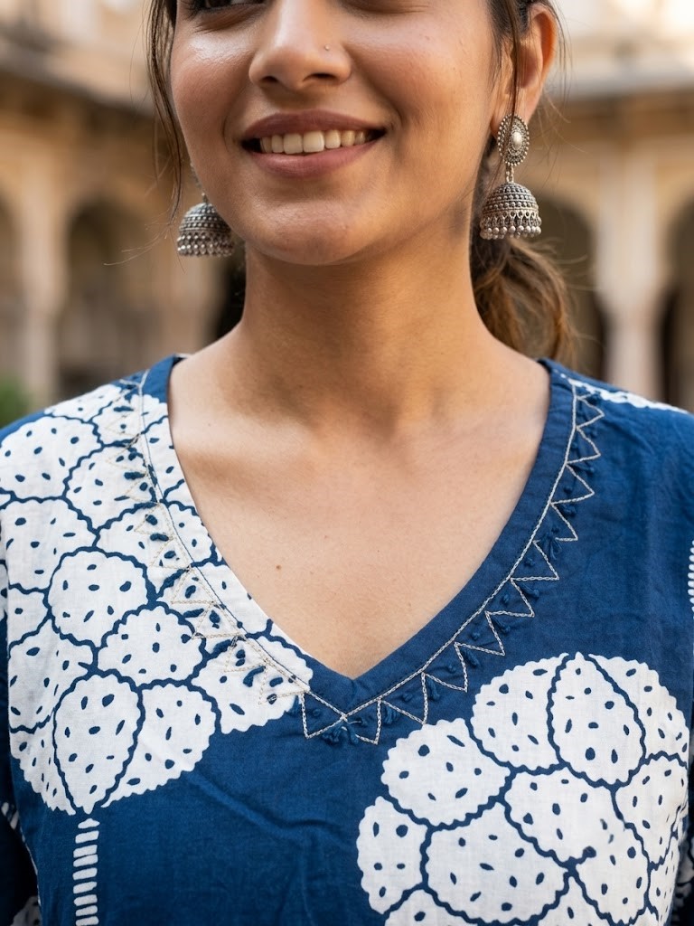 Women's Navy Blue Floral Block Printed Straight Kurta Pant with Dupatta Manufacturer Wholesale in Jaipur