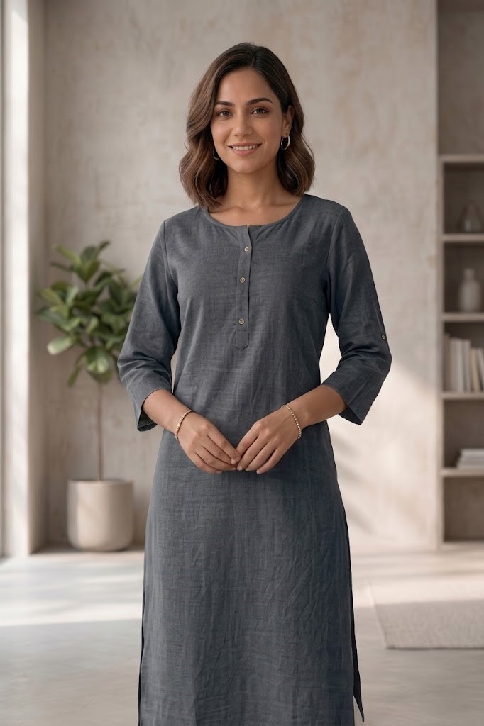 Women's Pure Cotton Flex Solid Smoke Grey Straight Long Kurta for Women | Everyday Office & Casual Wear Manufacturer Wholesale in Jaipur