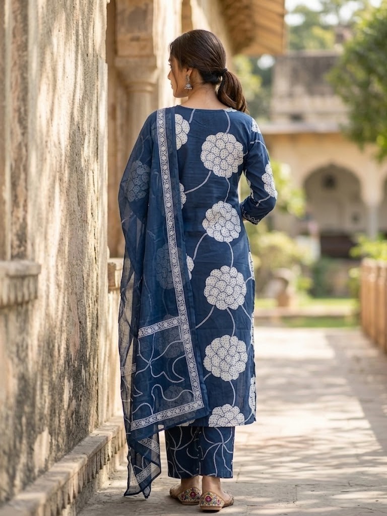 Women's Navy Blue Floral Block Printed Straight Kurta Pant with Dupatta Manufacturer Wholesale in Jaipur