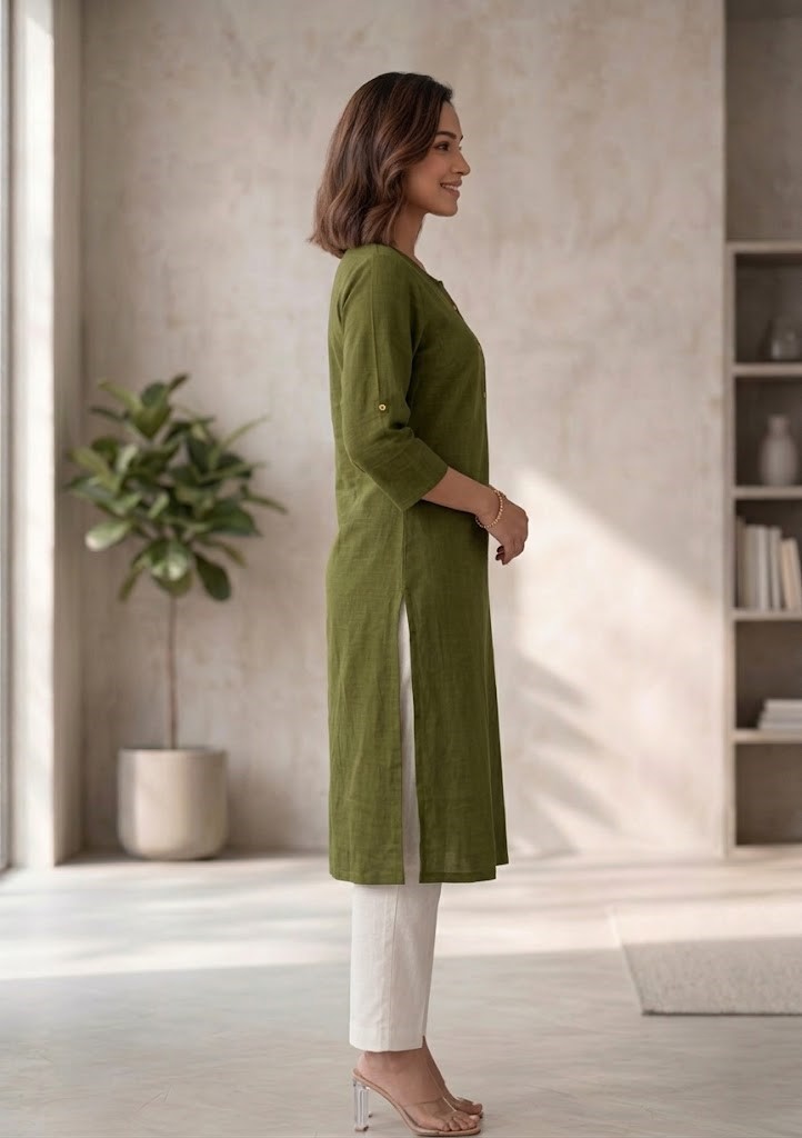 Women's Pure Cotton Flex Solid Mehandi Green Straight Long Kurta for Women | Everyday Office & Casual Wear Manufacturer Wholesale in Jaipur