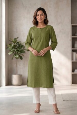 Women's Pure Cotton Flex Solid Olive Green Straight Long Kurta for Women | Everyday Office & Casual Wear Manufacturer Wholesale in Jaipur