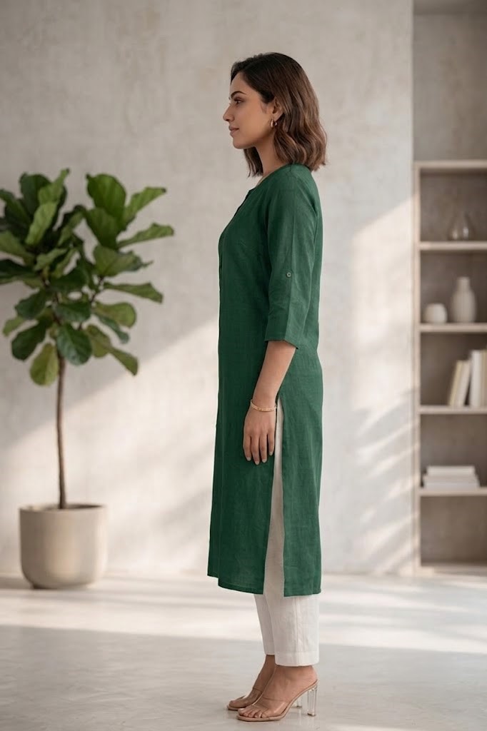 Women's Bottle Green Solid Cotton Flex Straight Long Kurta Manufacturer Wholesale in Jaipur