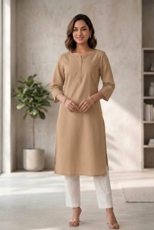 Women's Pure Cotton Flex Solid Sand Khakhi Straight Long Kurta for Women | Everyday Office & Casual Wear Manufacturer Wholesale in Jaipur