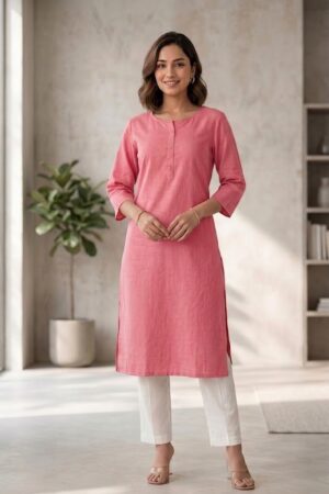 Women's Pure Cotton Flex Solid Flamingo Pink Straight Long Kurta for Women | Everyday Office & Casual Wear Manufacturer Wholesale in Jaipur