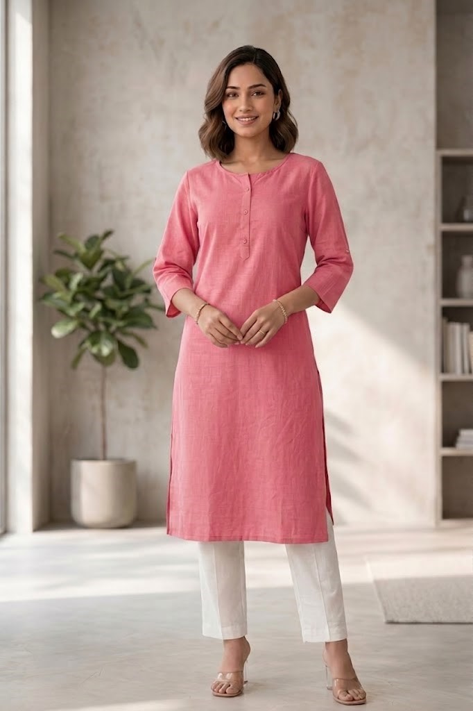 Women's Pure Cotton Flex Solid Flamingo Pink Straight Long Kurta for Women | Everyday Office & Casual Wear Manufacturer Wholesale in Jaipur