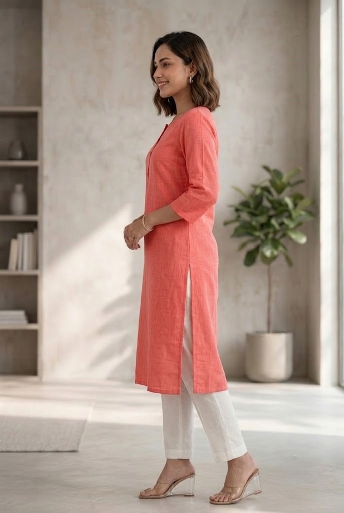 Women's Pure Cotton Flex Solid Coral Pink Straight Long Kurta for Women | Everyday Office & Casual Wear Manufacturer Wholesale in Jaipur