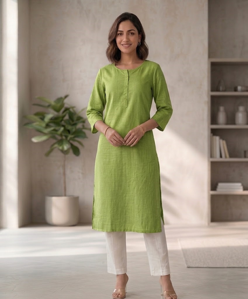 Women's Pure Cotton Flex Solid Pista Green Straight Long Kurta for Women | Everyday Office & Casual Wear Manufacturer Wholesale in Jaipur