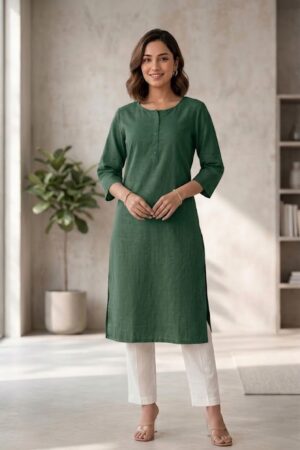 Women's Bottle Green Solid Cotton Flex Straight Long Kurta Manufacturer Wholesale in Jaipur