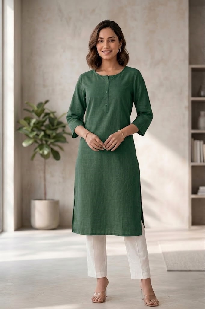 Women's Bottle Green Solid Cotton Flex Straight Long Kurta Manufacturer Wholesale in Jaipur