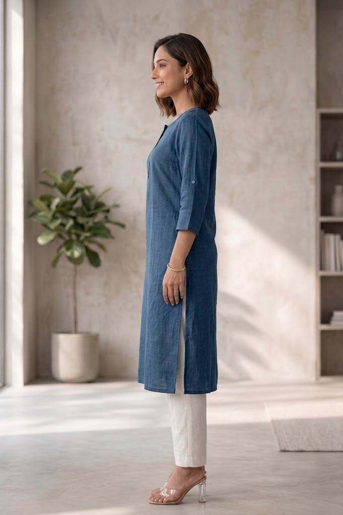 Women's Pure Cotton Flex Solid Denim Blue Straight Long Kurta for Women | Everyday Office & Casual Wear Manufacturer Wholesale in Jaipur