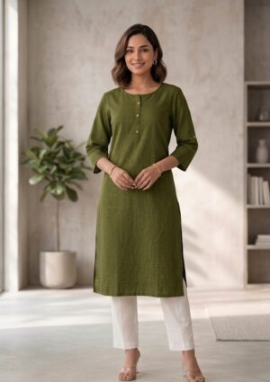 Women's Pure Cotton Flex Solid Mehandi Green Straight Long Kurta for Women | Everyday Office & Casual Wear Manufacturer Wholesale in Jaipur