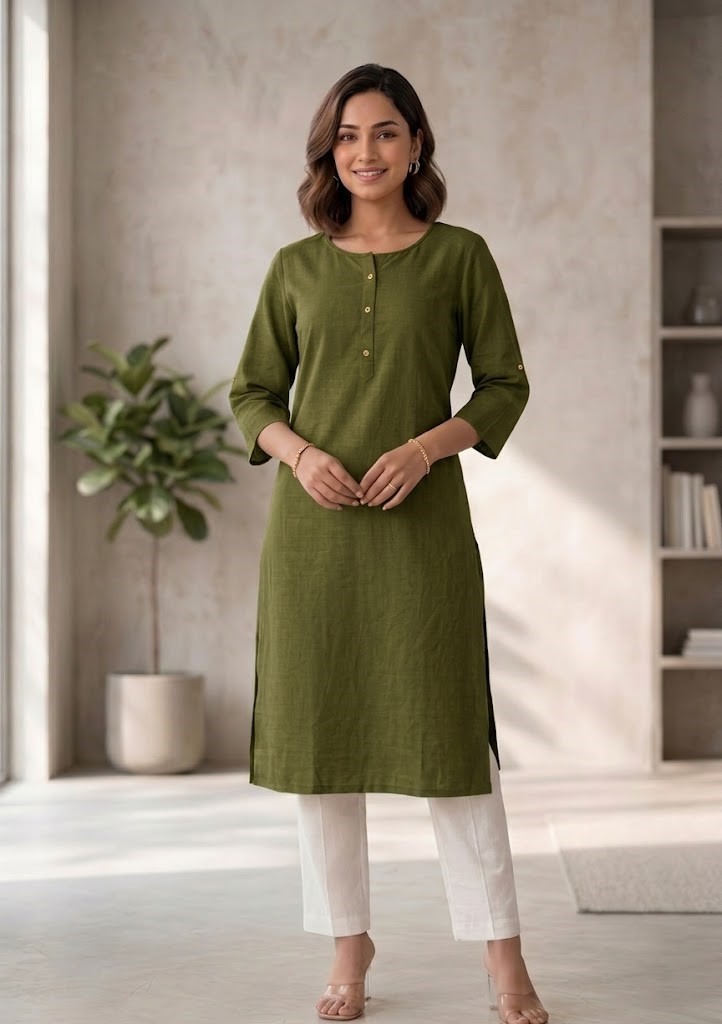 Women's Pure Cotton Flex Solid Mehandi Green Straight Long Kurta for Women | Everyday Office & Casual Wear Manufacturer Wholesale in Jaipur